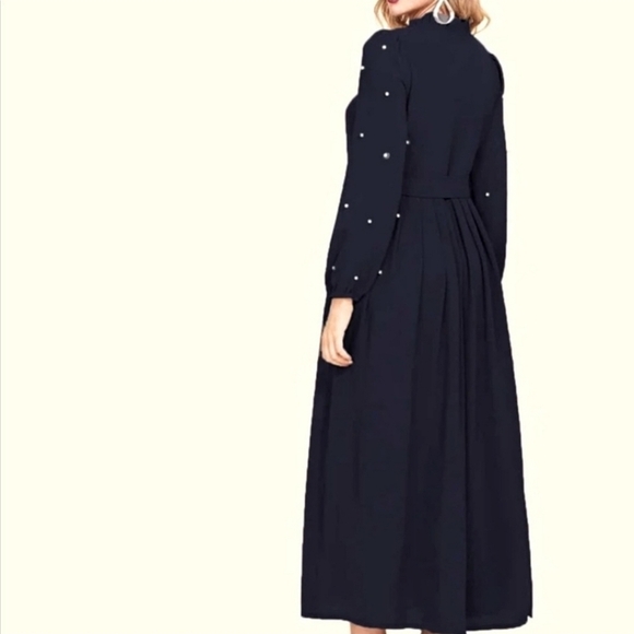 SHEIN Pearls beaded Ruffle Neck Belted Maxi Dress Size L Long  Flowy - Picture 2 of 4